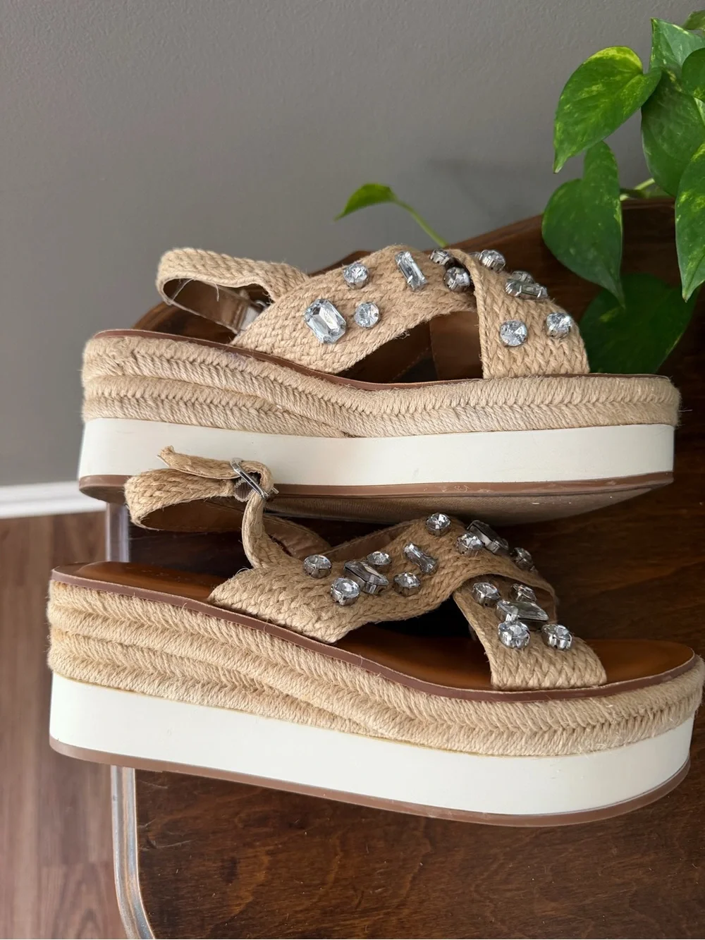 Copper Key Embellished Beige Wedge Sandals. Size 9